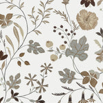 Botanical floral pattern with muted beige, taupe, brown, and gray botanical elements on a light warm gray background.