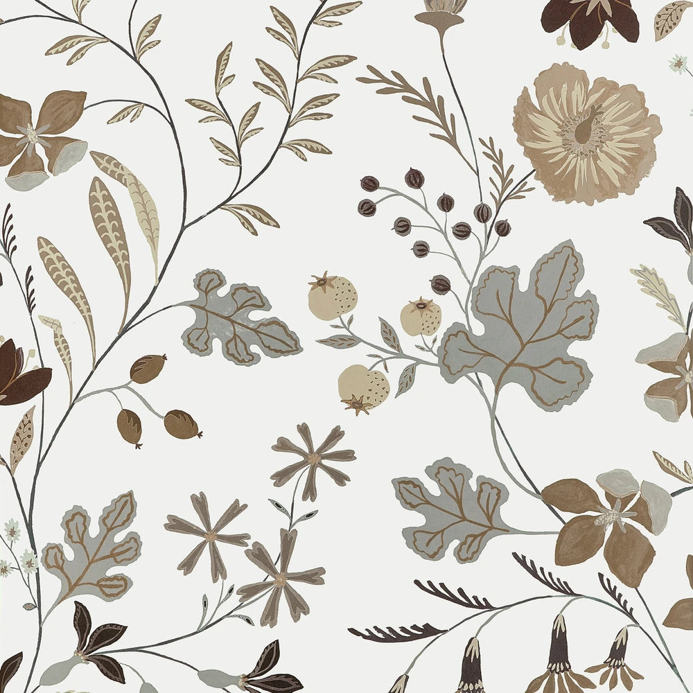 Botanical floral pattern with muted beige, taupe, brown, and gray botanical elements on a light warm gray background.