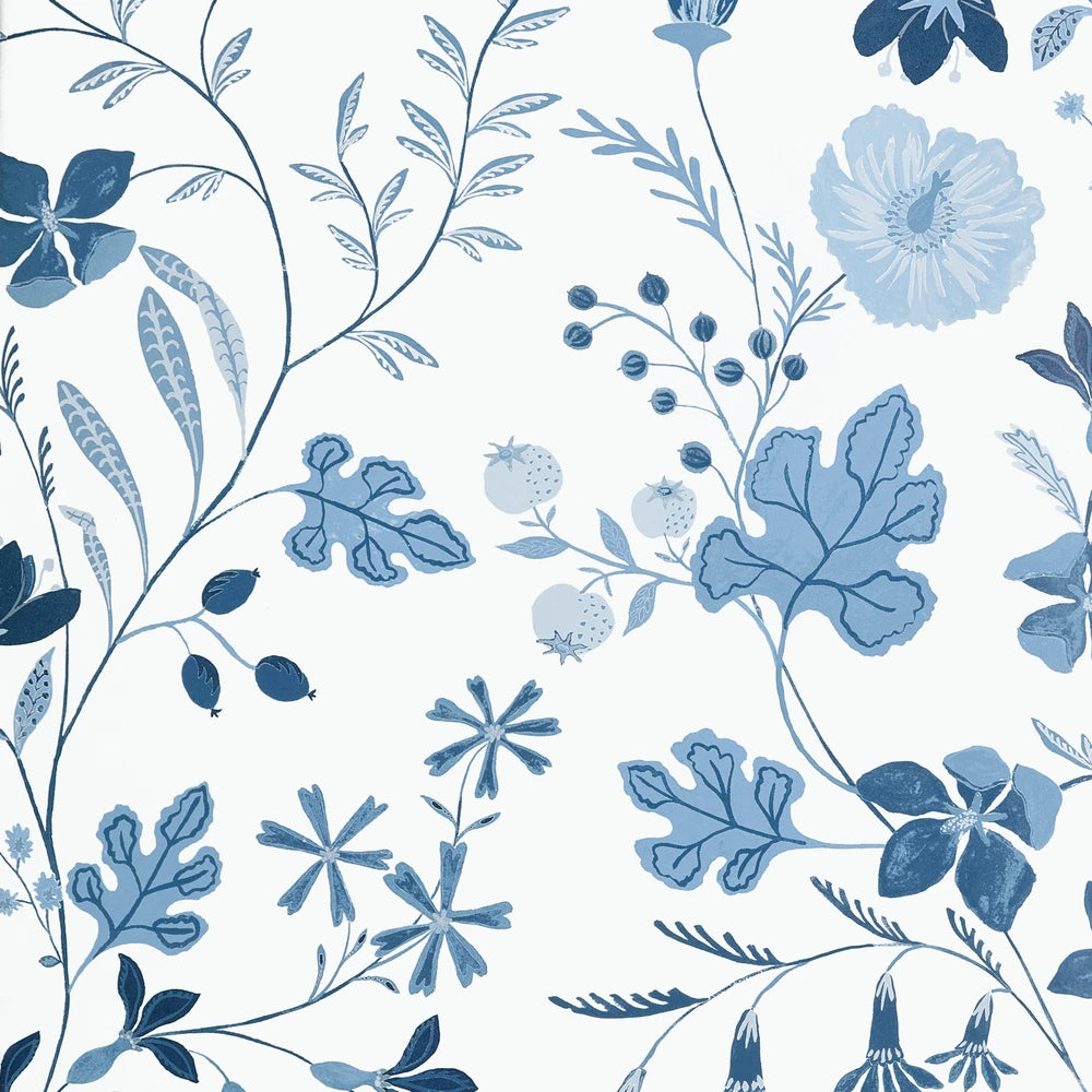 A repeating botanical pattern featuring blue flowers, leaves, and stems on a white background.