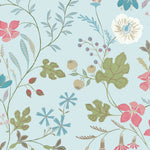 A repeating botanical pattern featuring stylized flowers, leaves, berries, and stems in soft pink, blue, green, beige, and brown on a pale blue background.
