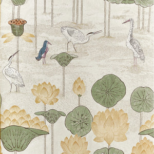 A repeating decorative pattern featuring lotus flowers, lotus leaves, and several birds in soft muted tones on a light warm beige background.