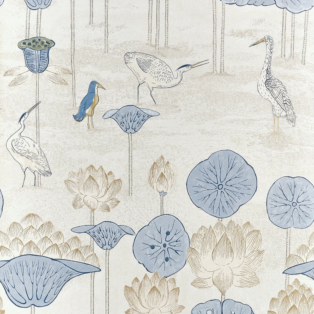 A repeating botanical and bird pattern on a light warm beige background, featuring pale blue lotus pads, blue lotus flowers, and birds in soft blue, gray, and beige tones.