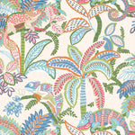 Colorful tropical pattern with palm trees, birds, and lizards on a beige wallpaper