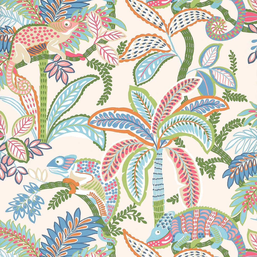 Colorful tropical pattern with palm trees, birds, and lizards on a beige wallpaper