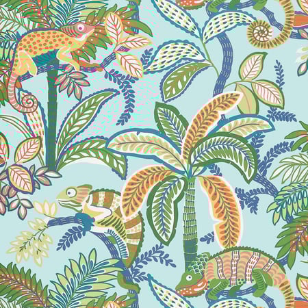 Colorful pattern of lizards and palm trees on a blue wallpaper