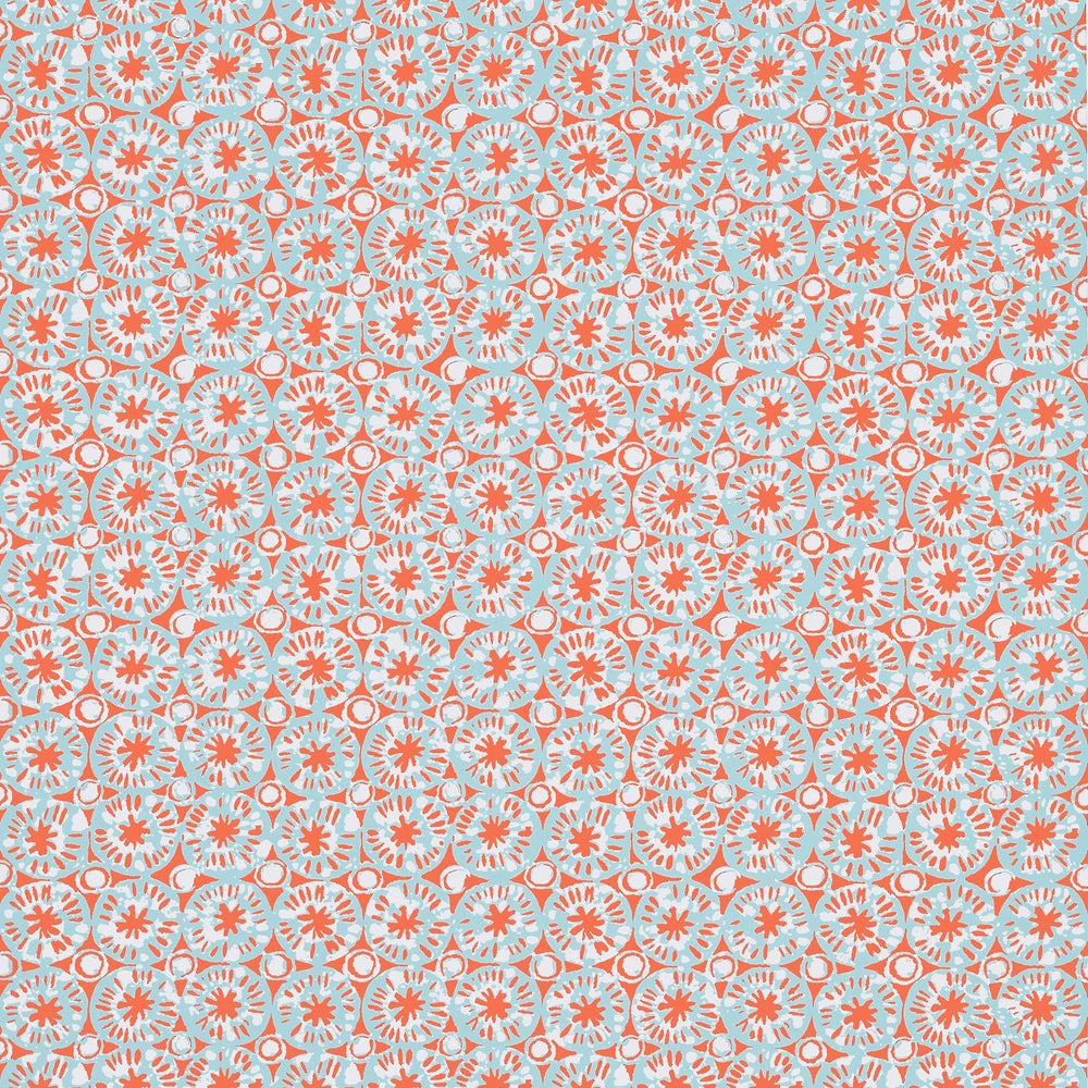 Patterned wallpaper with coral and blue sand dollars on a light blue background