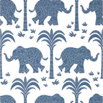 Pattern of blue elephants and palm trees on a white background