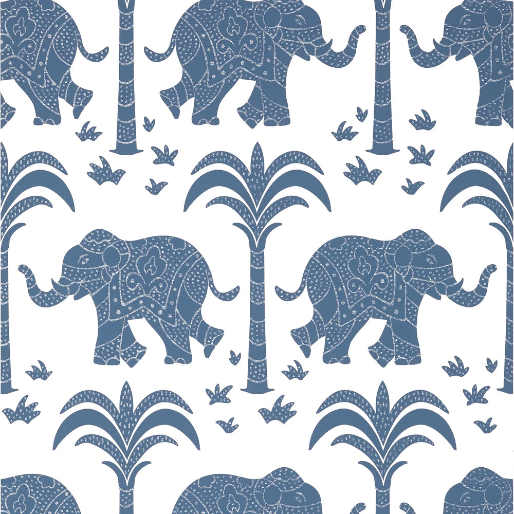 Pattern of blue elephants and palm trees on a white background