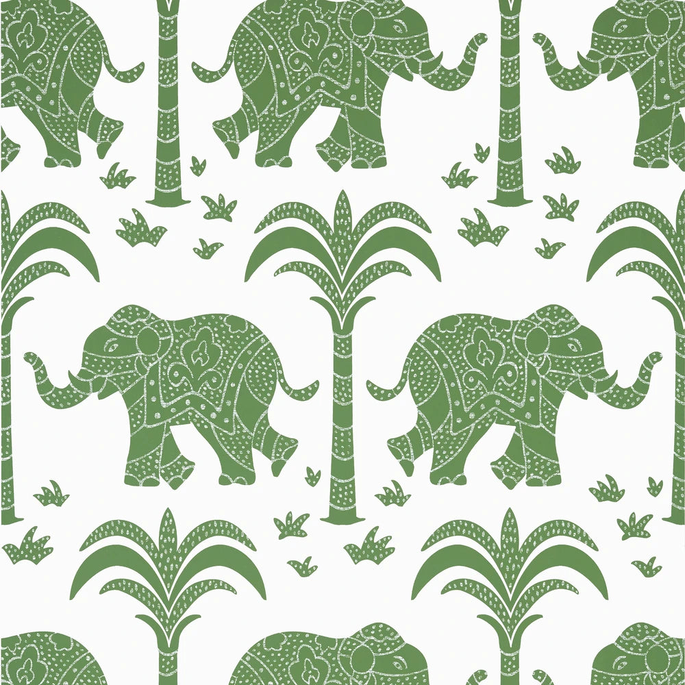 Pattern of green elephants and palm trees on a white background