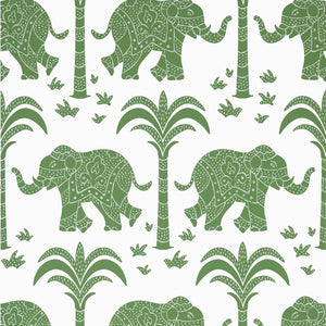 Pattern of green elephants and palm trees on a white background