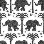 Pattern of black elephants and trees on a white background