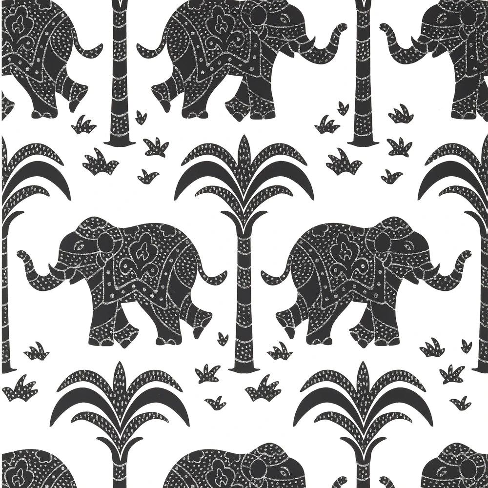 Pattern of black elephants and trees on a white background