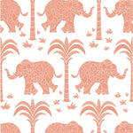 Pattern of pink elephants and palm trees on a white background