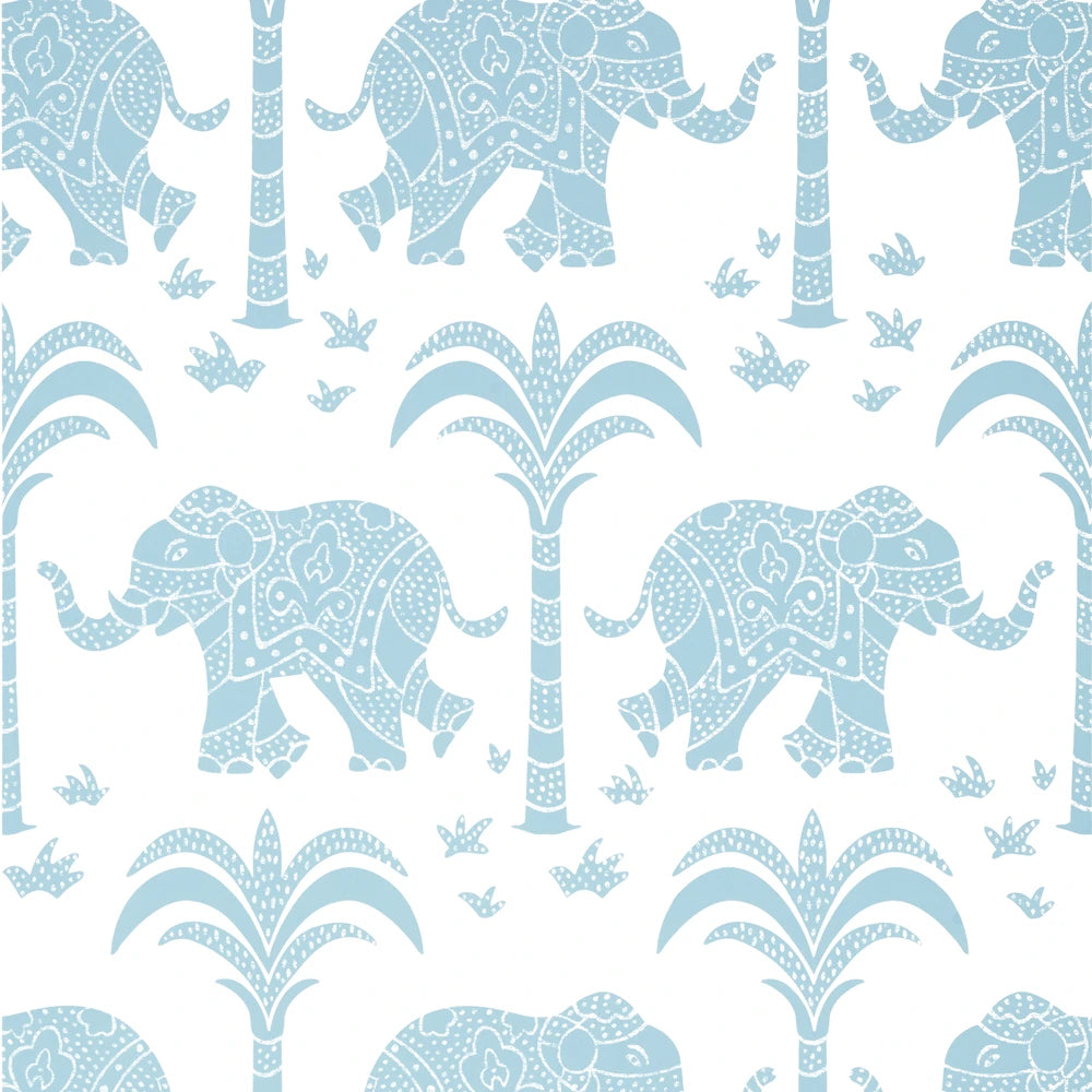 Pattern of blue elephants and palm trees on a white background