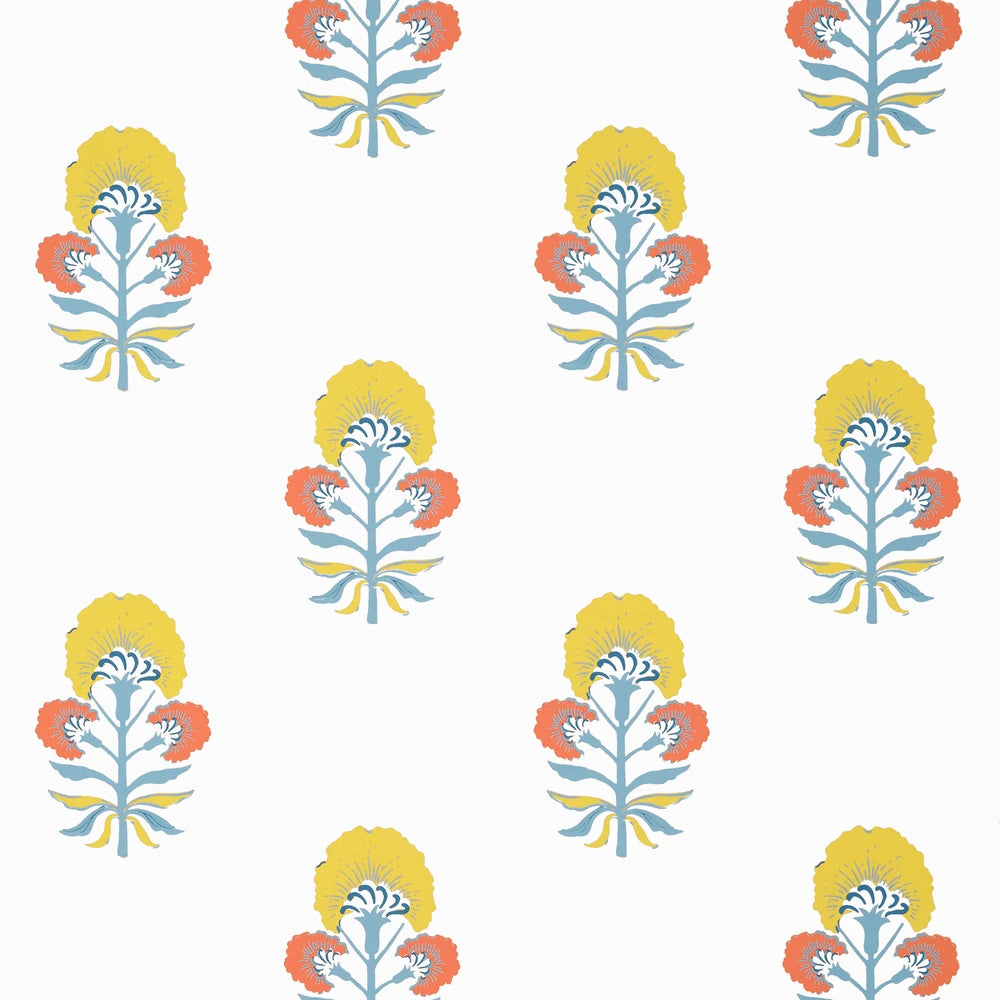 Pattern of stylized flowers with orange centers and blue and yellow petals on a white background.