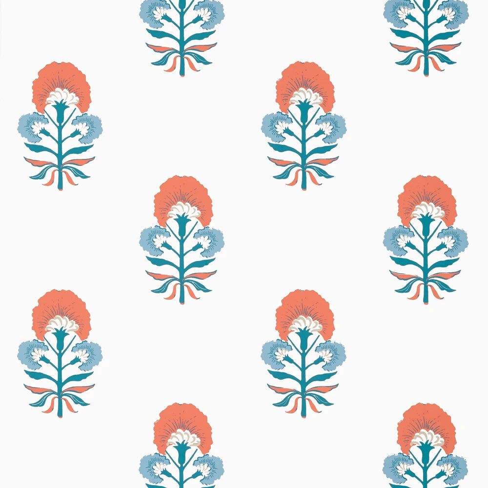 Pattern of stylized floral designs in blue, orange, and white on a white background