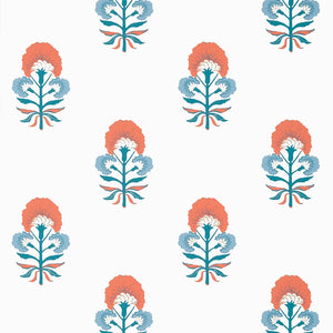 Pattern of stylized floral designs in blue, orange, and white on a white background