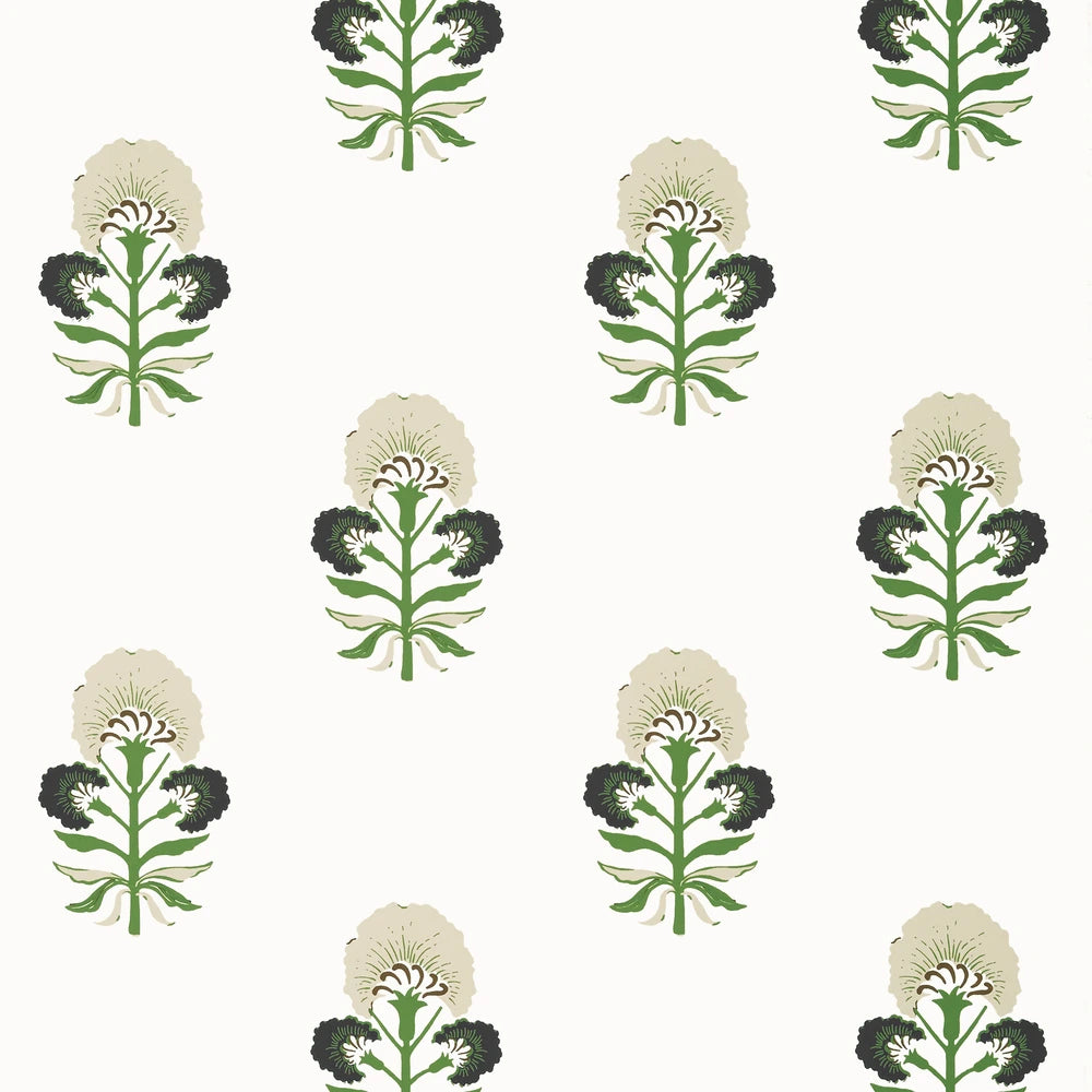 Pattern of stylized plants with green stems and black flowers on a white background
