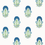 Blue and green floral block print on white