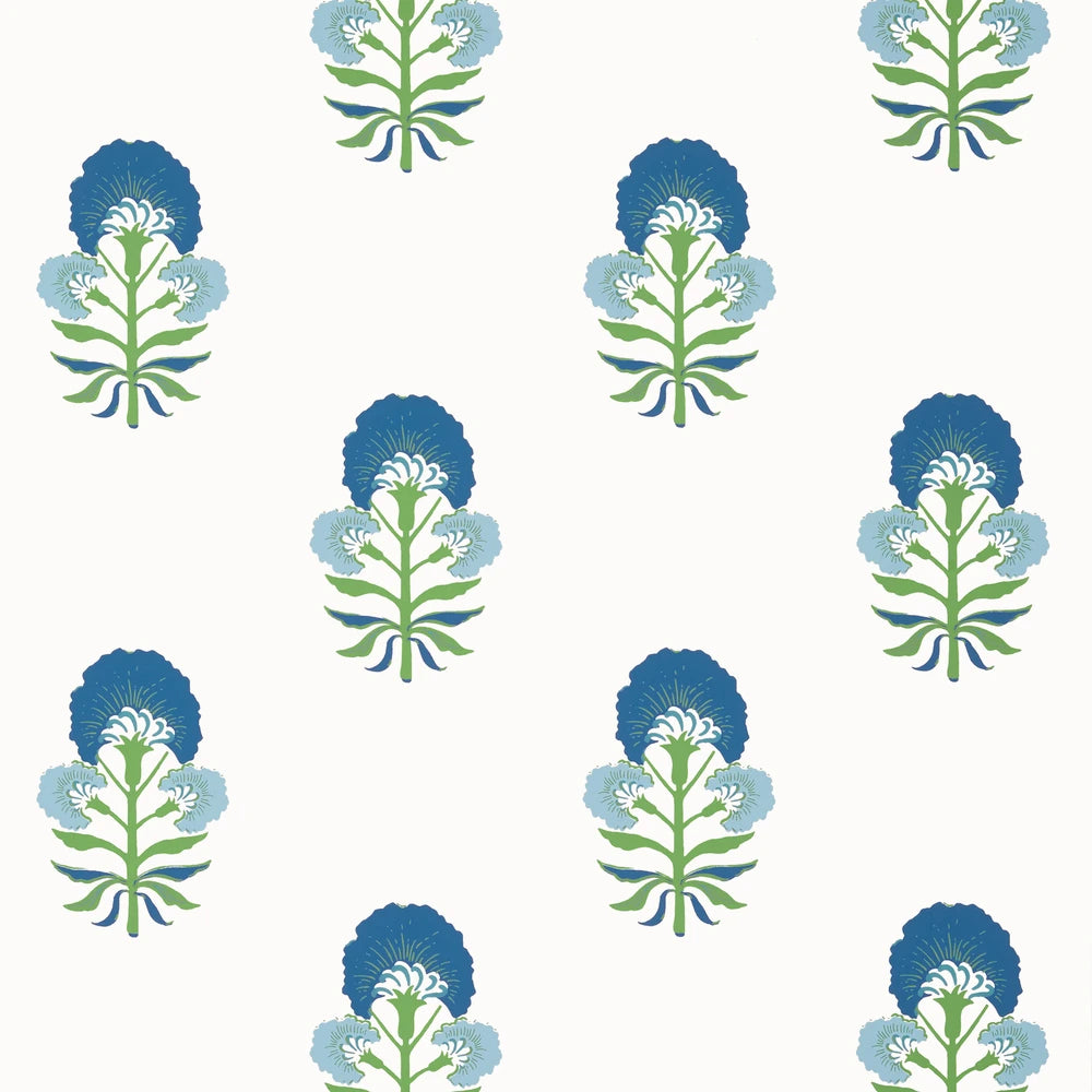 Blue and green floral block print on white