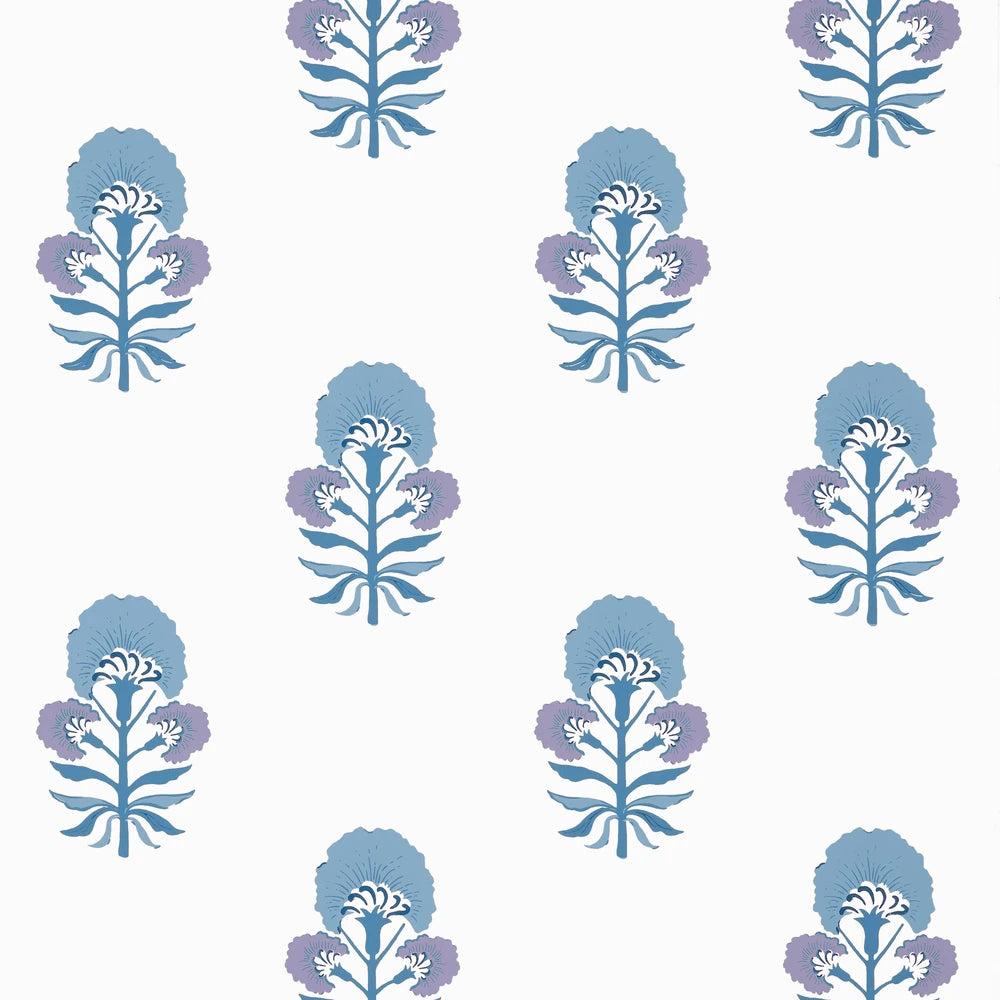 Pattern of blue and purple floral designs on a white background