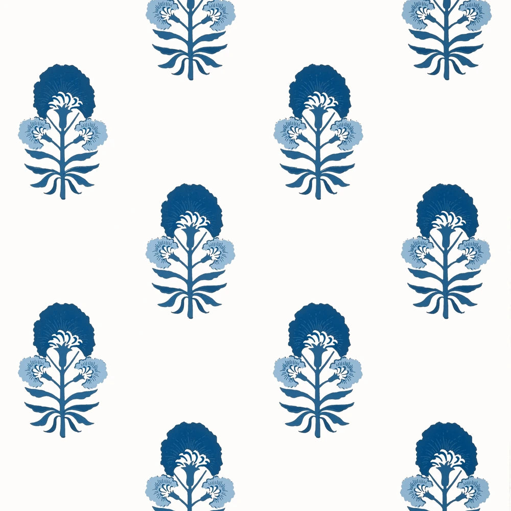 Blue floral block print on white