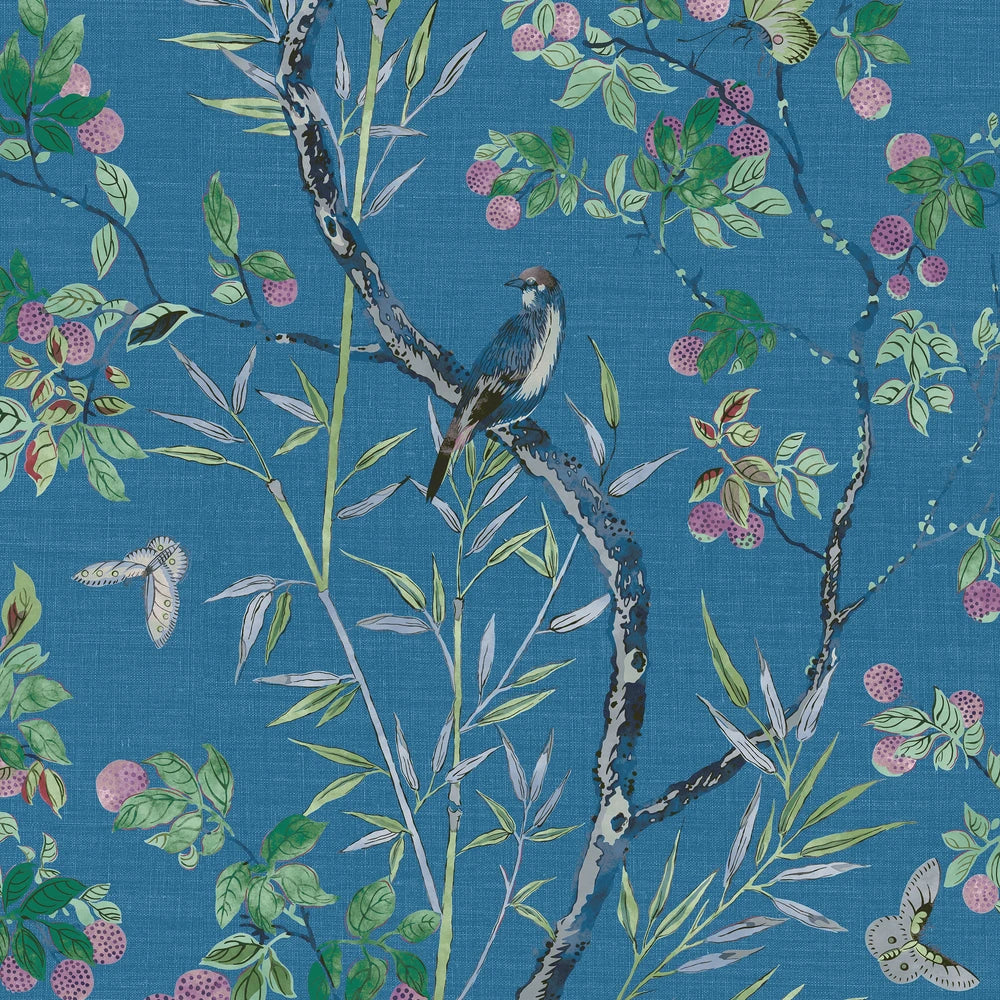 chinoiserie print with a bird featuring greens and blue