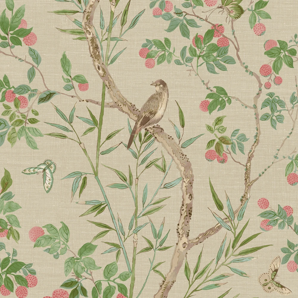 chinoiserie print with a bird featuring beige greens and coral