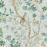 chinoiserie print with a bird featuring light blue beige and green