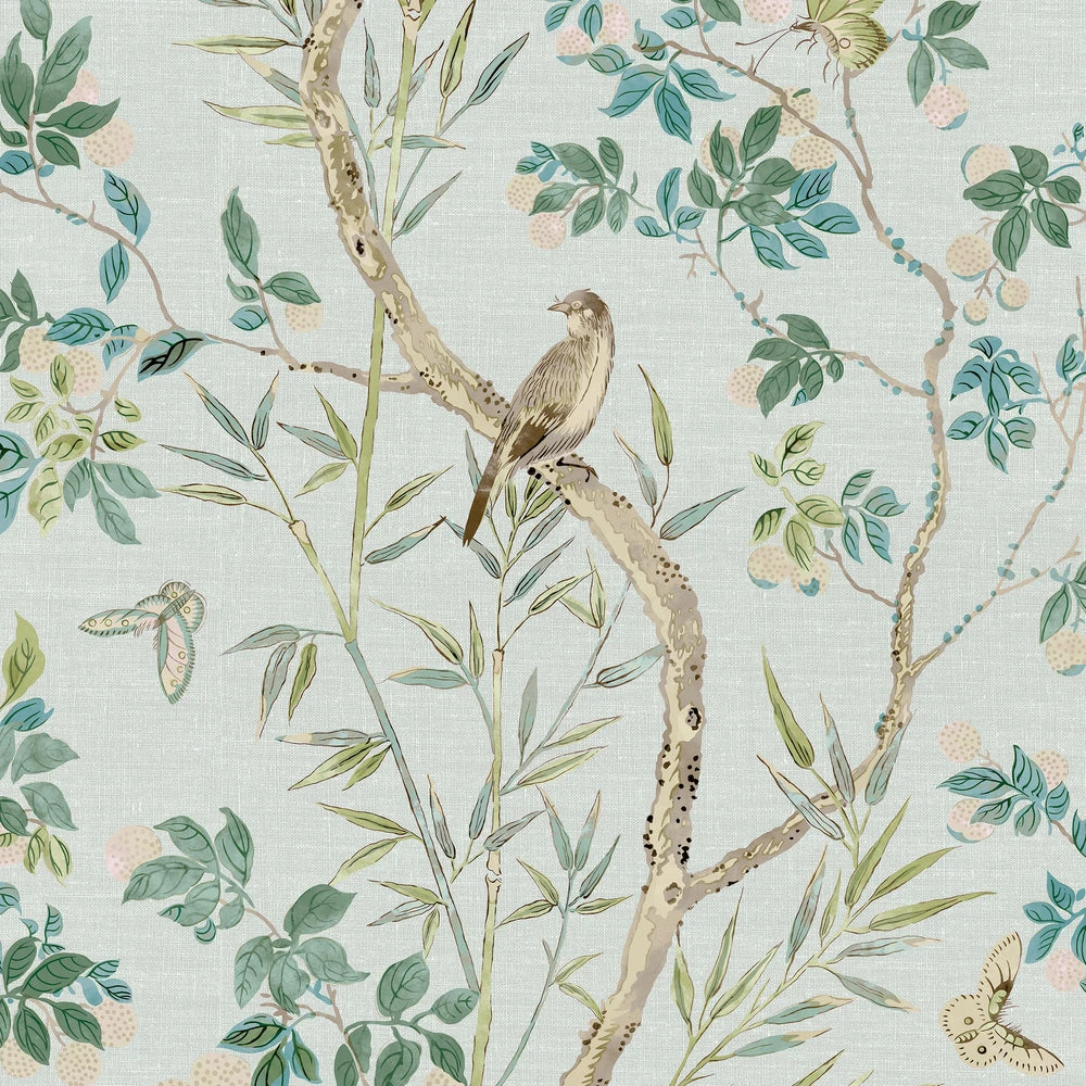 chinoiserie print with a bird featuring light blue beige and green