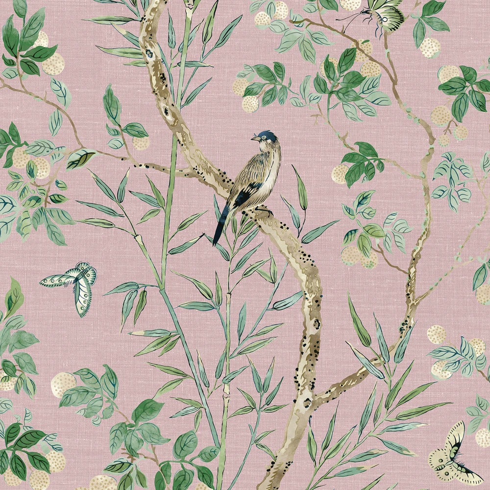 chinoiserie print with a bird featuring lavender greens and blue
