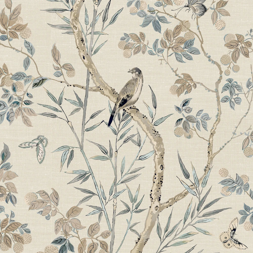chinoiserie print with a bird featuring blue and beige tones