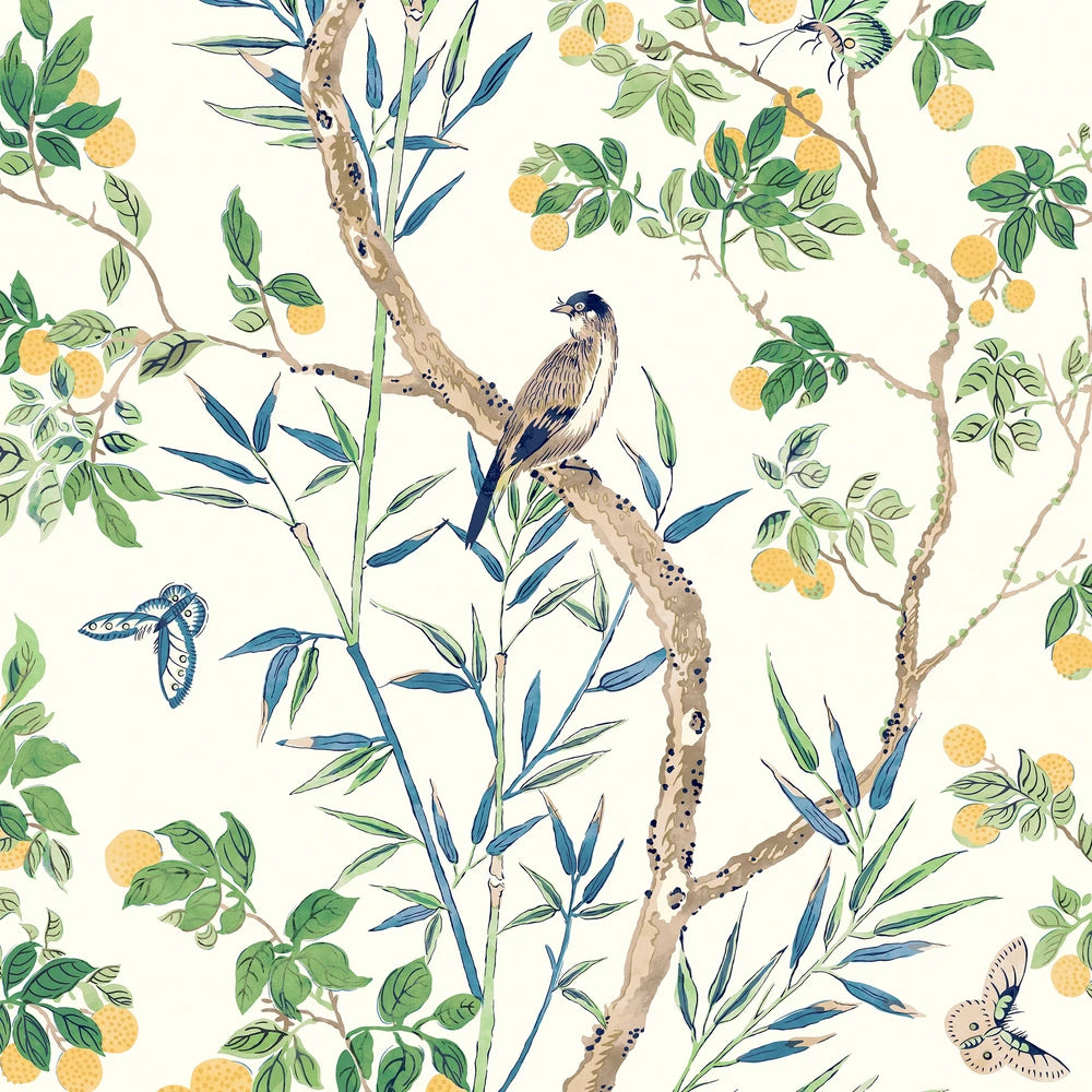 chinoiserie print with a bird featuring yellows greens and blue