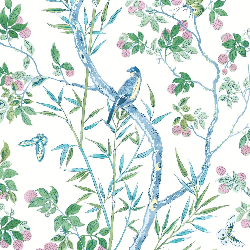 chinoiserie print with a bird featuring greens and blue