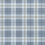 A close-up of a plaid wallpaper pattern with alternating light gray and medium gray blocks, overlaid with thin tan and dark gray intersecting lines.