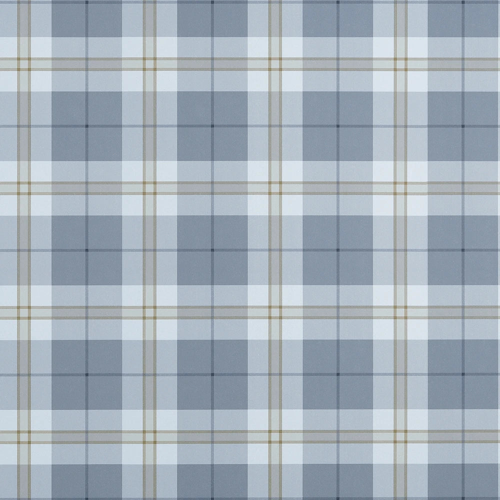 A close-up of a plaid wallpaper pattern with alternating light gray and medium gray blocks, overlaid with thin tan and dark gray intersecting lines.