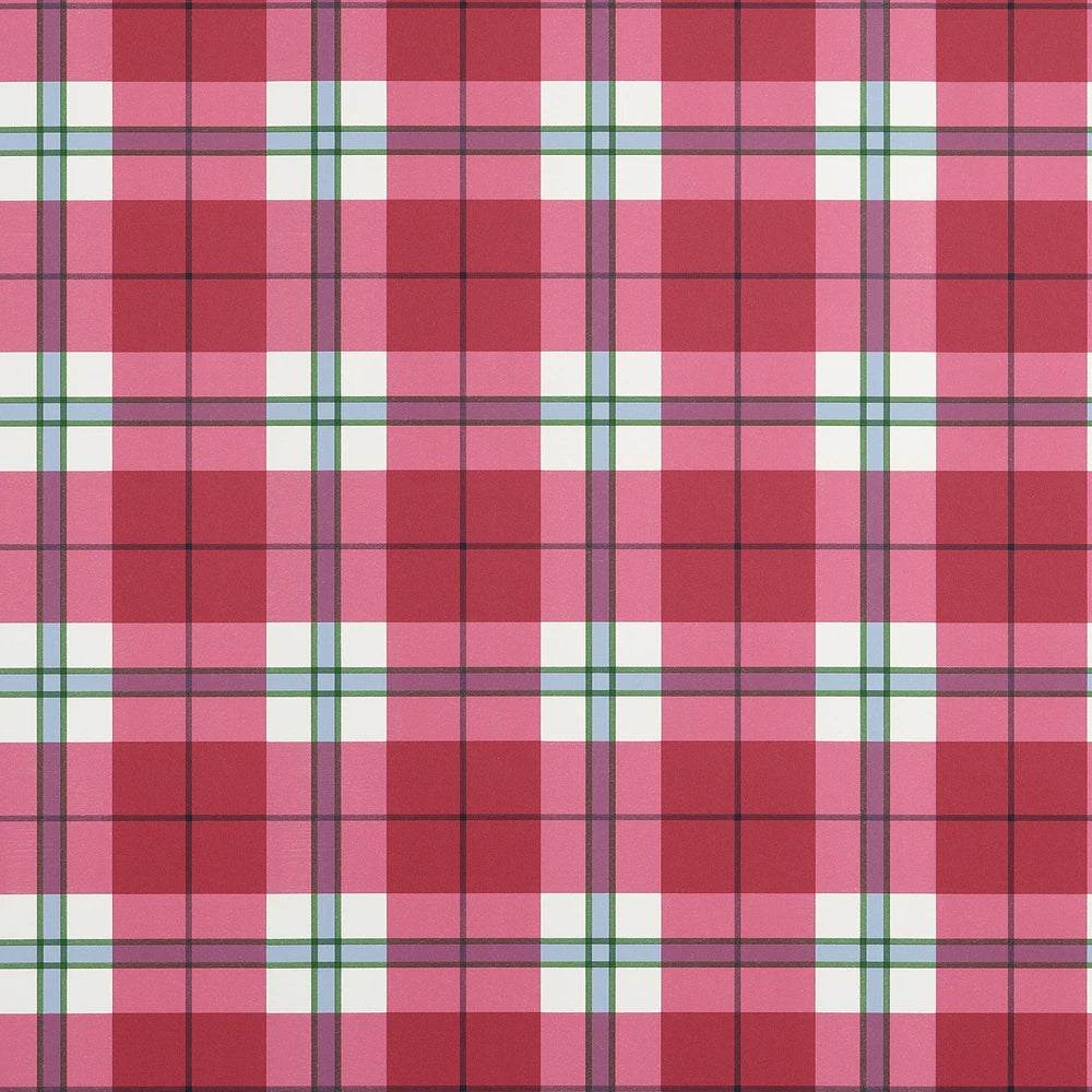 A repeating tartan plaid pattern with alternating blocks of red and pink, separated by thin dark lines, with white and pale blue vertical and horizontal accents.