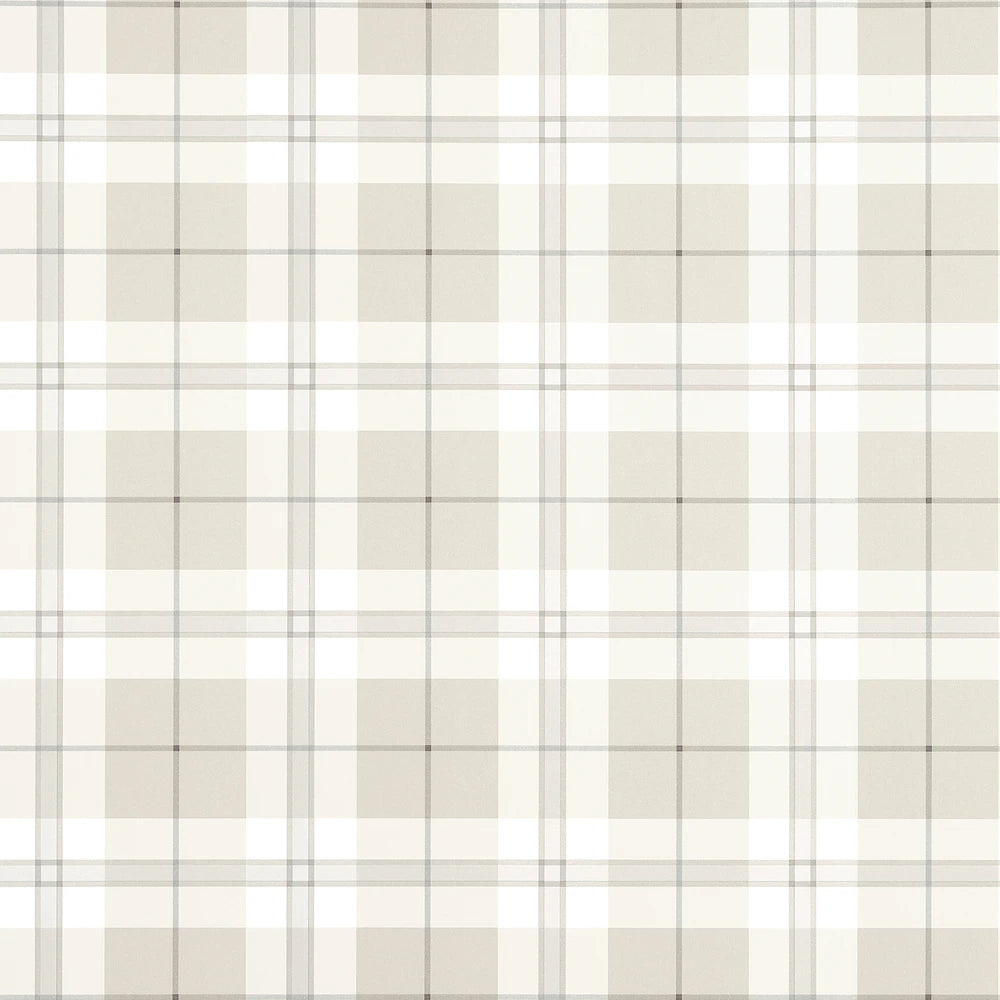 A repeating plaid pattern in warm off-white, cream, and light beige with thin gray intersecting lines.