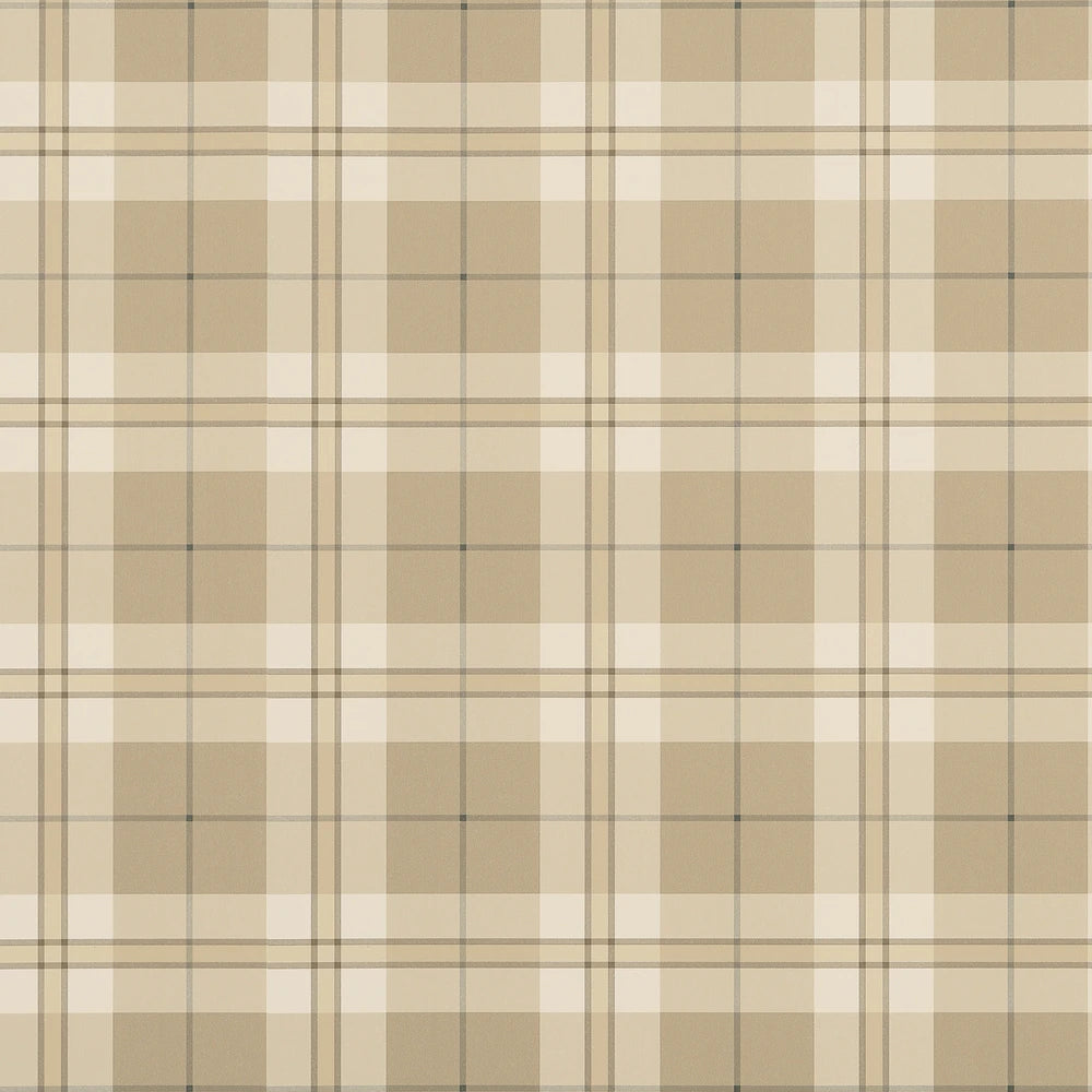 A repeating plaid pattern in warm beige, cream, and tan with thin brown and gray intersecting lines.