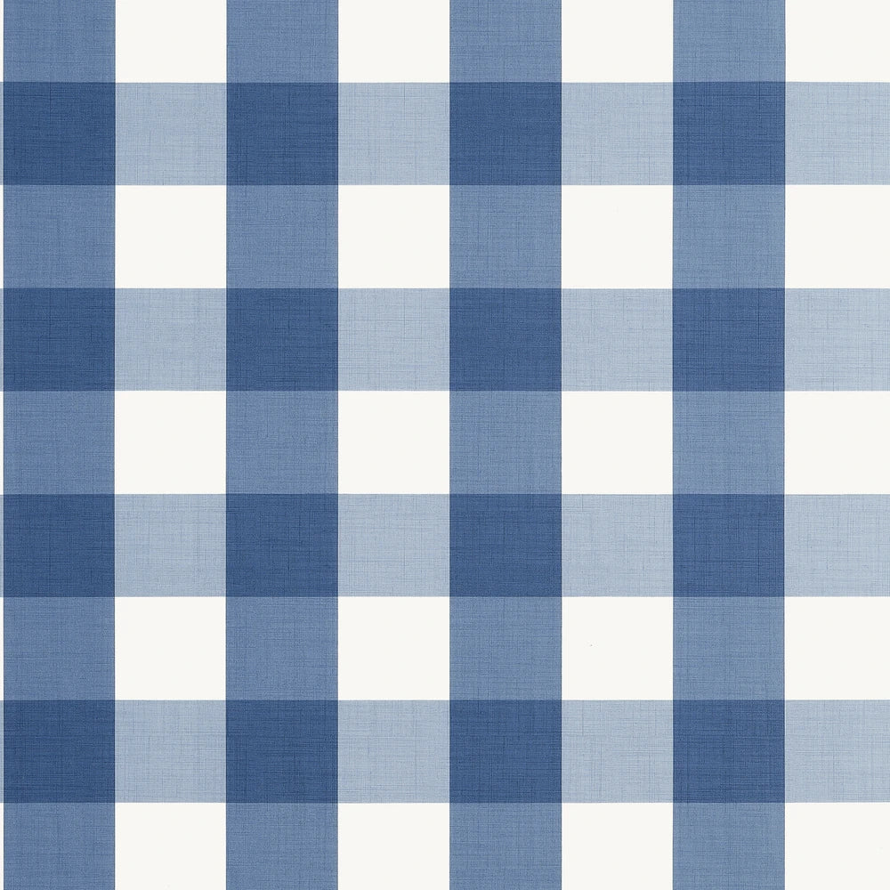 A close-up of a blue and white gingham checkered wallpaper pattern 