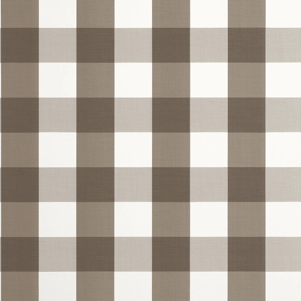 A close-up of a gingham check wallpaper pattern in taupe brown