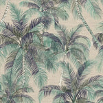 A close-up of a tropical palm tree pattern on a woven-texture background, featuring green and dark navy fronds over a light beige base.