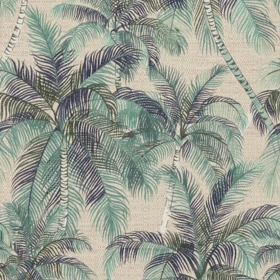A close-up of a tropical palm tree pattern on a woven-texture background, featuring green and dark navy fronds over a light beige base.