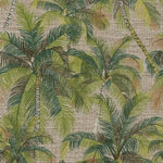 A close-up of a tropical palm tree pattern on a woven beige fabric or wallpaper background.