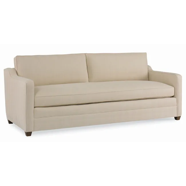 A modern two-seater sofa upholstered in a light beige fabric, shown from a three-quarter angle against a plain white background.