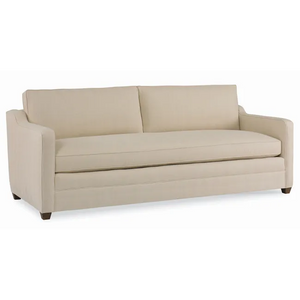 A modern two-seater sofa upholstered in a light beige fabric, shown from a three-quarter angle against a plain white background.