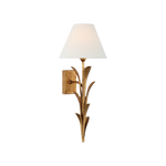A wall-mounted sconce with a warm gold leaf-like metal frame and a white tapered fabric shade, shown against a plain white background.