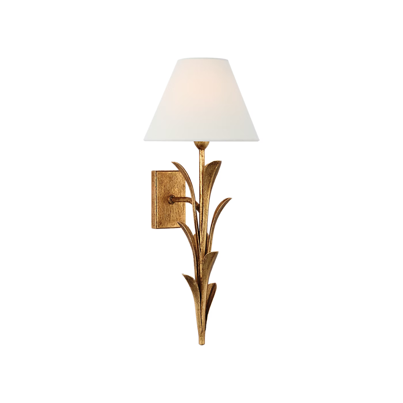 A wall-mounted sconce with a warm gold leaf-like metal frame and a white tapered fabric shade, shown against a plain white background.