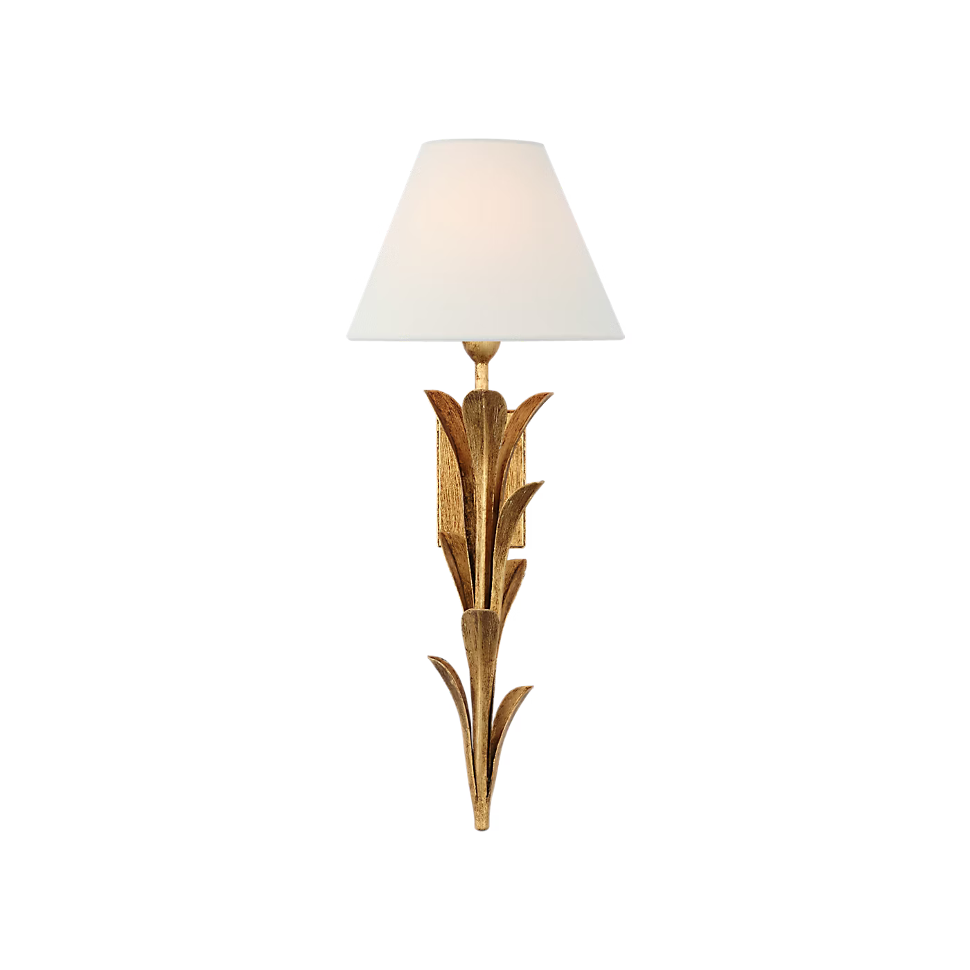 Decorative wall sconce with a white lampshade on a white background