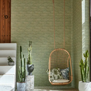 Woven hanging chair with cushions in a room with green textured wall and potted plants.